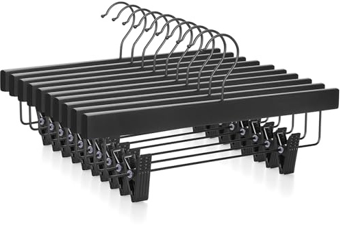 TOPIA HANGER Wooden Pants Hangers 10 Pack, Black Skirt Hangers with Clips and Rotatable Hook, Durable Natural Rubber Wood Organizer for Skirts, Pants, Jeans, Shorts - CTS02B