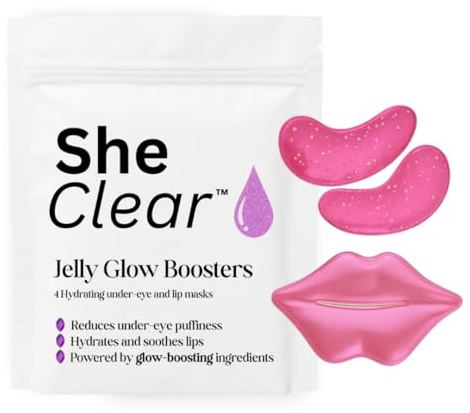 Jelly Glow Boosters by SheClear - Under Eye Patches & Lip Masks Set, Hydrating Collagen Gel Pads with Honey, Botanical Oils & Glycerin for Puffiness, Dry Lips & Glow, 4 Masks per Pack