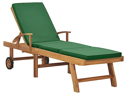 JHQHSM Classico lettino prendisole in legno massello teak con cuscino verde, sdraio da giardino da esterno con schienale regolabile, ripiano e ruote per terrazzo piscina, resistente