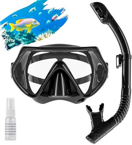 Snorkel Set Adults, Scuba Snorkelling Packages with 180° Panoramic Anti-Fog Tempered Glass Snorkel Mask, Leak Proof Dry Top Snorkel for Snorkeling Diving Swimming with Anti Fog Spray