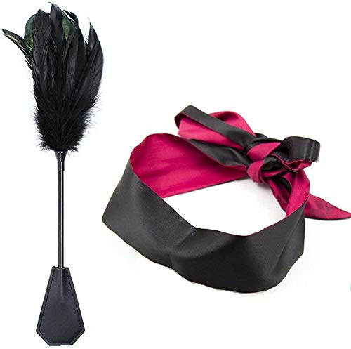 SHYUHYT SM Cuir Fouet Paddle Flogger Plume Chatouilleur avec Bandeau Masque for les Yeux Ensemble de Sexe BDSM Sex Toys for Hommes et Femmes Couples(Straußenfeder+Rot)