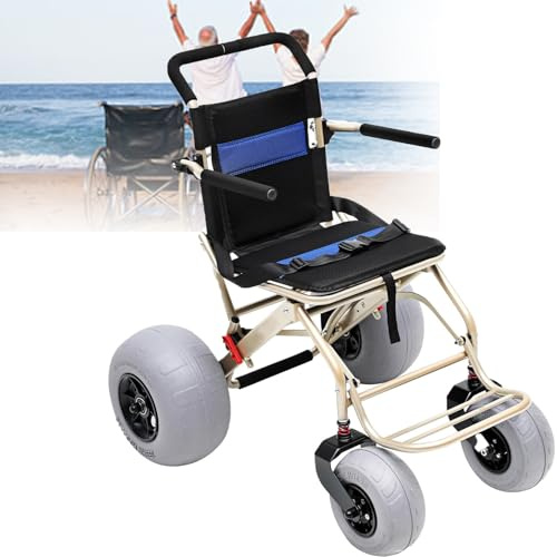 Strand rullstol, lätt rullstol för alla terränger med ballongdäck, vikbar design, snabbfrigörande hjul, tung kapacitet upp till 100 kg