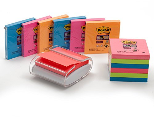Post-it Z-Notes Dispenser, PRO, Weiß und Post-it Super Sticky Z-Notes, Verschiedene Farben, 76 mm x 76 mm, 90 Blatt pro Block, 12 Blöcke