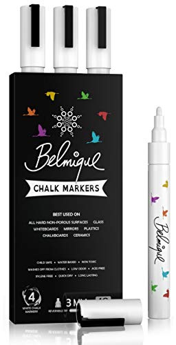 Belmique Kreidestifte mit feiner 3MM Spitze in Weiß. Trocken Abwischbare Kreidemarker 4er Set. Kräftige Farben für Tafel, Fenster, Weihnachten, Tafelfolie | Rund- & Schrägkeilspitze
