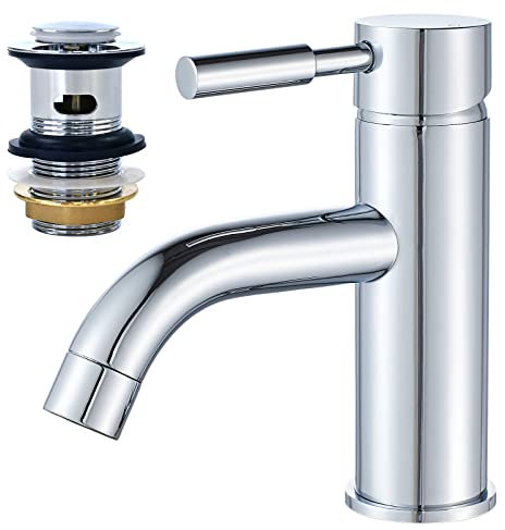 Basin Tap with Waste, XBMY Round Single Lever Bathroom Mixer Sink Taps for Washroom&Cloakroom,Chrome