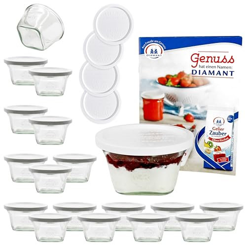 MamboCat 18er Set Weckgläser 290 ml Quentin-Glas eckig I Original Weck Glas mit Frischhalte-Deckel I Weck Dessertglas Sturzglas I Einweckgläser Set inkl. Diamant-Zucker Gelierzauber Rezeptheft