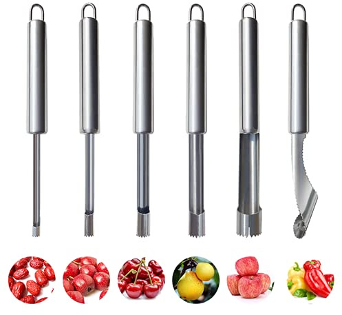 6 Pieces Corer and Pitter Fruit & Vegetable Multi-Function Stainless Corer and Pitter Remover Set for Apple, Pear, Cherry, Jujube, Red Dates, Berry, Chili