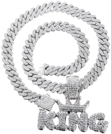 Halukakah Collier Pendentif Plaqué Platine pour Homme - Plus 1000 Diamants - Chaîne Maillons Cubains - Pendentif Lettre du Roi Couronne de Diamants en Grappes - Style Hip Hop - Livré avec Boîte Cadeau