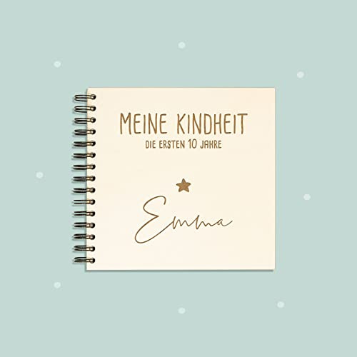 Babybuch Meine ersten 10 Jahre Kindheit Tagebuch für Kinder personalisiert mit Holz-Cover Geschenk zur Geburt für Mädchen und Jungen Erinnerungsbuch mit Namen zum Eintragen (Motiv Stern)