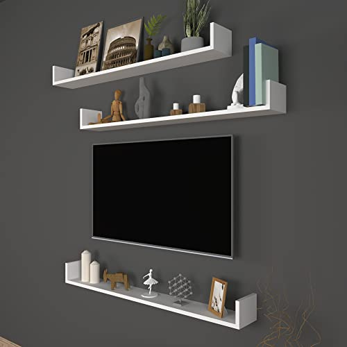 [en.casa] Set di 3 Mensole da Muro (AxLxP) 12 x 120 x 15 cm Consolli Pensili con Piano d'Appoggio a Forma di U - Bianco