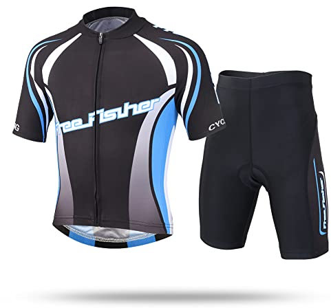 LCIGIA Kinder Fahrrad Trikot Set Jungen Radtrikot Schnell Trocknend Fahrradtrikot Mädchen Atmungsaktiv Kurzarmtrikot + Kurz Radhose mit 3D Sitzpolster Radsport Anzüge, Blau+Schwarz, 146