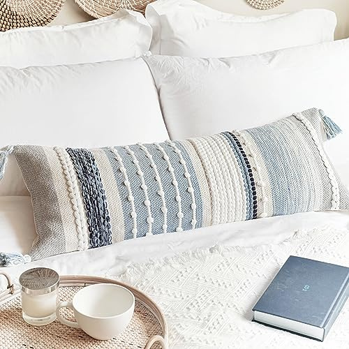 BlissBlush Boho Decorative Lumbar Pillow Cover 14X36, Coastal Blue Farmhouse Lumbar Throw Pillow for Couch, Long Decorative Pillow for Bed, Modern Accent Textured Throw Pillow Case (Cover ONLY)