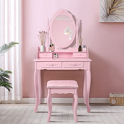 ML-Design Tavolo Cosmetico da Trucco Toletta Rosa con Sgabello Confortevole in Ecopelle con Specchio e 4 Cassetti 75 x 140 x 40 cm Tavolino Make-up per Signore e Ragazze in Legno MDF