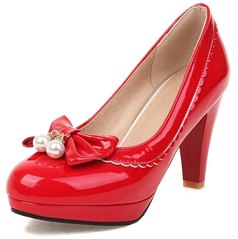 Zapatos de Tacón de Bloque para Mujer con Plataforma Lazos Tacón Alto Zapatos Punta Rojoonda Sin Cordones Elegante Zapatos, A23358Bh Rojo Talla 48 EU/50Cn