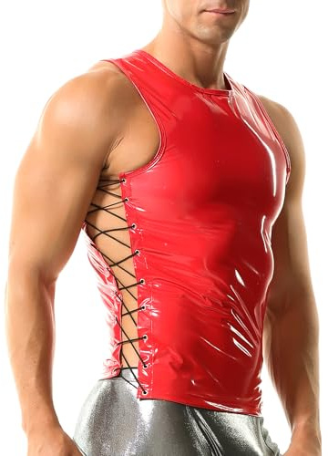 YUFEIDA Men's Faux Leather Undershirts Sleeveless Tank Tops Muscle Fit Waistcoat Tops Fashion Undershirts