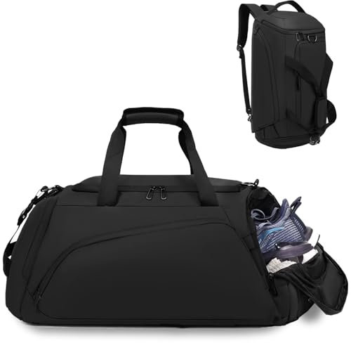 Clufar 40L Sporttasche Herren Wasserdicht Schwarz Reisetasche Rucksack mit Schuhfach Nassfach Damen Duffel Fitness Bag Trainingstasche Fussball Gym Tasche Schwimmtasche Weekender Groß für Sport Black