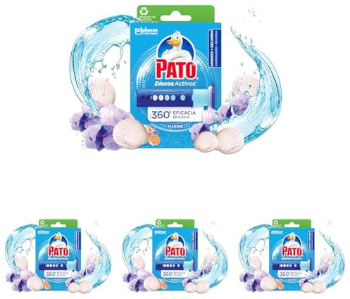 Pato Discos Activos WC Marino, Limpia Baño, Eficacia 360°, Perfume y Frescor Hasta 6 Semanas, Pack de 4 Aparatos + 4 Recambios