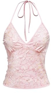 SOLY HUX Women's Y2k Sequin Halter Crop Top Cute 3D Butterfly Glitter Coquette Party Club Tops Plain Pink Medium