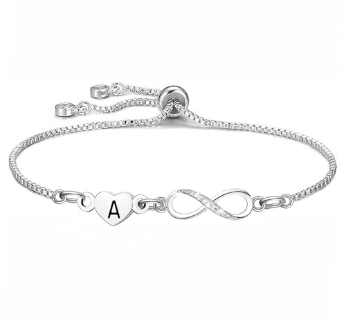 COEROW Alphabet Heart Bracelet infinity Pendant Silver Color Women Gift for Girls Birthday Women Jewellery Gift (A)