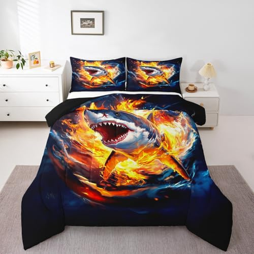 Juego de edredón infantil de tiburón para niños, tamaño individual, juego de ropa de cama acolchado de animales marinos con 1 funda de almohada, ropa de cama ligera, suave y transpirable, 2 piezas