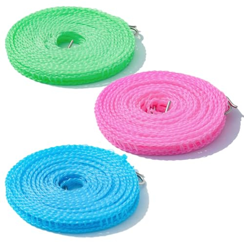 Lot de 3 cordes à linge coupe-vent de 5 m - Antidérapantes - Portables - Avec crochets - Pour le jardin, le camping, les voyages, les vacances, le camping-car