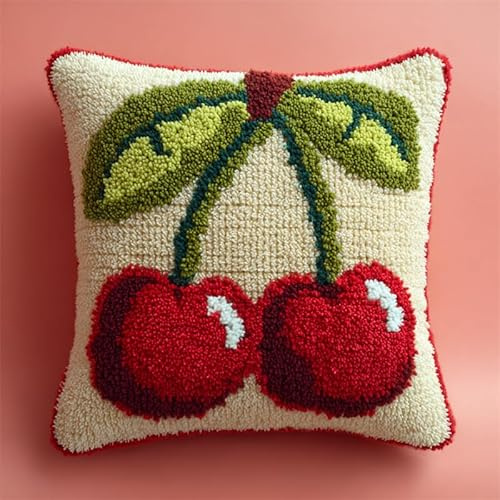 Stile cartone animato DIY Kit Ricamare Cuscini,ciliegia di frutta,Kit di Ganci a Chiusura per Cuscino,Federa per Cuscino per Divano per Adulti,Home Decor,43x43cm