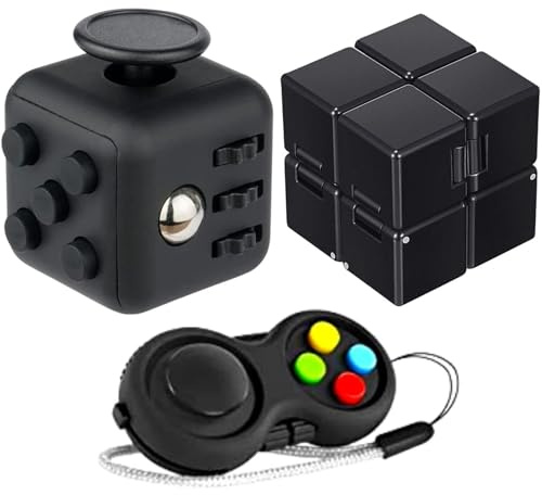 iPobie 3Pcs Nero Fidget Pack Giocattoli Set,Cubo Antistress Infinity,Fidget Pad Cube Toy,Sensoriali Giocattolo Antistress,Riduttore di Stress Compleanno Regalo per Adulti e Bambini