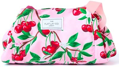 The Flat Lay Co. Makeup Bag - Cherries Travel Make Up Organiser for Cosmetics, Eyeshadow, Make-Up Brushes, Lipstick & Tools - Drawstring Makeup Bag Storage with Brush Holder & Large Pockets