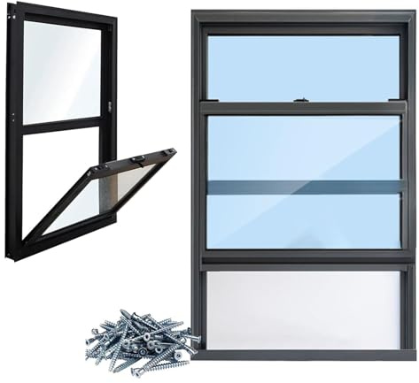 HOLGVE Ventana de ventilación para cobertizos, Ventanas corredizas de Aluminio para sótanos con mosquitera, Ventanas de Servicio Verticales con Vidrio Templado(WxH 10x20 in/25x50cm)
