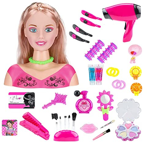 Temeemeg Cabeza de muñeca para Peinado de niñas, Peinado de Lujo, Maquillaje para el Cabello, Juguetes para muñecas, Peluquero, Juego de simulación, Kit de Cabeza de para niños, niñas pequeñas...