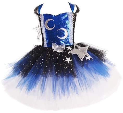 Costume spaziale per bambini, con maniche a mosca, con paillette, gonna in tulle, tutù, balletto, body per bambini, per carnevale, costume da balletto, O blu scuro, XL