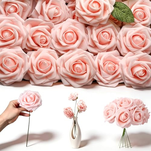 DIYCUT 25 Pezzi Fiori Artificiali di Rosa, Rose Rosa Finte con Steli, Rose Finte di Schiuma, per Fai Da Te, Matrimonio, Festa, Festival, Decorazione di San Valentino