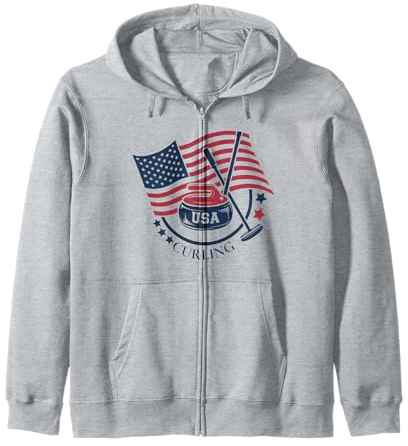 Curling Stone USA American Flag Curler Broom Sports Gear Zip Hoodie