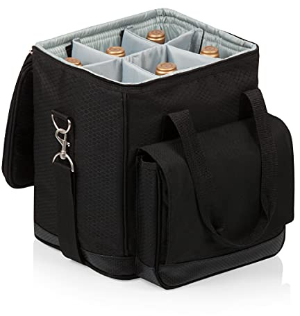 PICNIC TIME Cellar 6-Bottle Wine Carrier & Cooler Tote, Insulated Padded Wine Cooler Bag for Travel, Portable Bag with Polyester Exterior and Water-Resistant Base, (Black with Gray Accents)