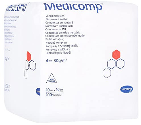 Hartmann 4218252 Medicomp Vliesstoffkompresse, Unsteril, 4fach, 10cm x 10cm, 100 Stück