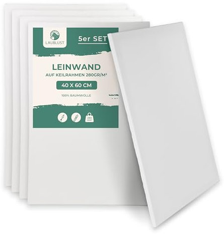 LAUBLUST Keilrahmen Set - Weiß | Leinwand Set Maltuch aus 100% Baumwolle - Leinwände 280 g/m² | Vorgrundiert, Säurefrei - Keilrahmenset Leinwand zum Bemalen (ca. 40 x 60 cm, 5er Set)