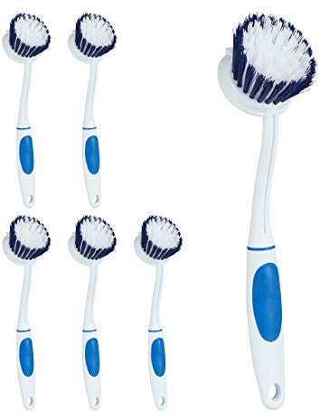 Relaxdays Spülbürste 6er Set, mittelharte Borsten, Griff gummiert, Kunststoff Küchenbürste, zum Aufhängen, weiß-blau