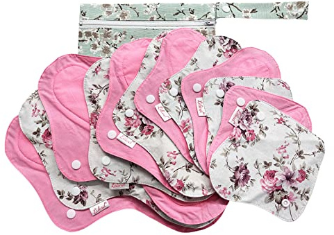 Lilind® Lot de 12 serviettes hygiéniques en tissu organique - Avec fermeture éclair - 100 % coton - Roses vintage