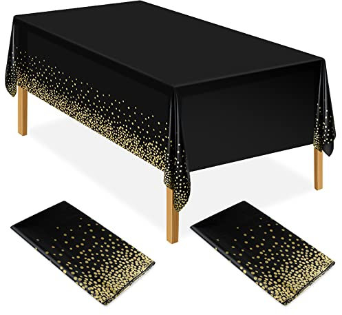 ELECLAND Lot de 2 nappes de fête rectangulaires en plastique noir et doré - 137 x 274 cm - Confettis à pois dorés - Pour pique-nique, fête prénatale, Halloween, Noël