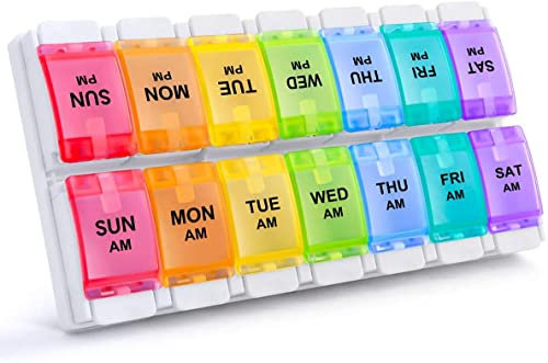 AM PM Weekly 7 Day Pill Organizer, HUAXIYAN Large Daily Pill Cases Pill Box with Easy Push Button Design for Pills/Vitamin/Fish Oil/Supplements (Rainbow) (Rainbow)