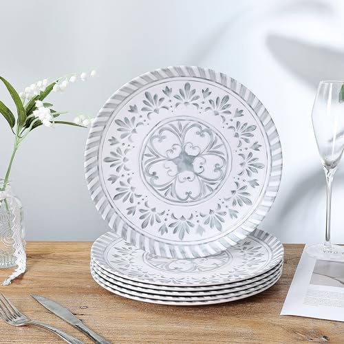 Yinshine Melamine Dinner Plates,10.75 Inch 6pcs Melamine Plates White&Grey