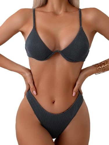 Fanuerg Women Underwire Triangle Bikini Spaghetti Strap Push Up Swimsuit Cheeky Two Piece Bathing Suit Grey S