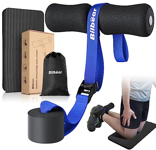 Bilbear Correa Ajustable para Curl Nórdico con Alfombrilla para Rodillas - Máquina de Rizo en Casa para Piernas, Estiramiento de Hamstring y Abdominales
