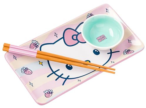 Silver Buffalo Sanrio Hello Kitty Erdbeeren und Schleifen Kawaii Keramik Sushi Set mit Dip-Soßenschale und passenden Essstäbchen