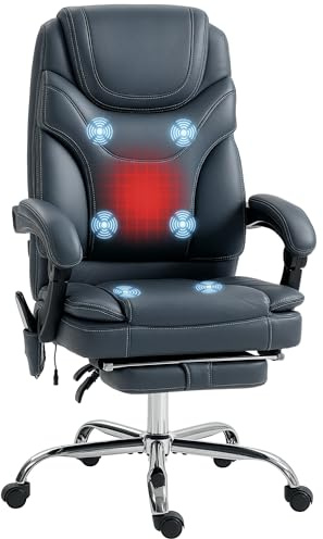 Vinsetto Silla de Masaje con 6 Puntos de Vibración y Calefacción Tapizado en Cuero PU Silla de Oficina Reclinable con Reposapiés y Altura Ajustable 67x67x113-121 cm Gris
