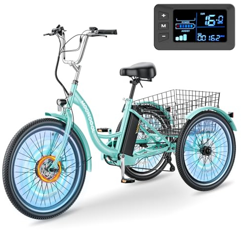 MOPHOTO Electric Tricycle for Adults & Seniors, 24/26 3 Wheel E-Trike with Removable 36V Battery 350W Motor, Up to 15.5MPH, 25-60Mile Range, Step-Through Frame, Large Basket, 7-Speed, 350lbs Capacity