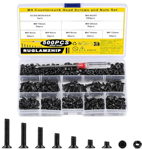 500 Pcs M4 Vis à Tête Fraisée à Phillips, Boulons Vis à Tête Cruciforme, Vis Boulons à Tête Plate Phillips Assortiment Kit pour Réparation PC Ordinateur