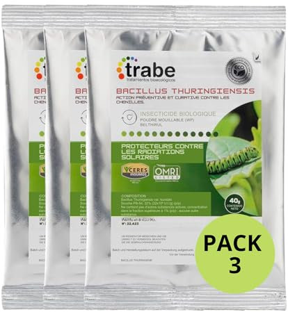 Trabe Lot de 3 Bacillus Thuringiensis 40 g | Protection contre les chenilles écologique | Protège tous types de cultures et de plantes contre les nuisibles | Respecte les animaux, l'environnement et
