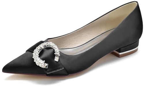 FGRID Chaussures de Mariage à Talons épais pour Femmes, Chaussures Plates de Ballet en Strass à Bout Pointu, Chaussures Dolly de Ballerine Sexy à Bout fermé,Noir,39