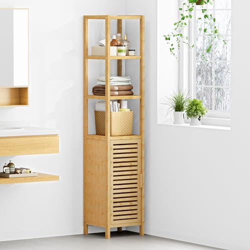 SogesPower Estantería de bambú con armario de 5 niveles para baño con puertas, 170 cm de alto, multifuncional, para baño, cocina o sala de estar